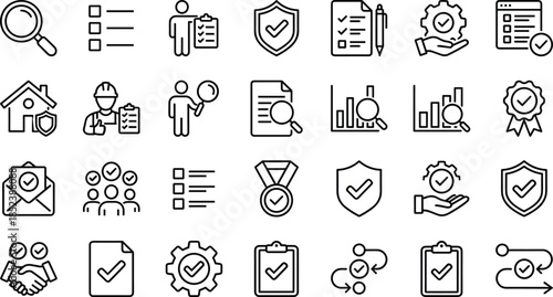 Quality Assurance Icon Set, Business Inspection Symbols, Compliance Verification, Standard Checklist, Security Shield, Document Review, Approved Service, Progress Tracking, Success Ribbon, Manag