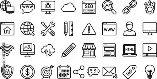 SEO and Web Development Icon Set, Digital Marketing Services, Search Engine Optimization, Website Design Tools, Online Business Analytics, Internet Technology, Programming, Coding, Social 