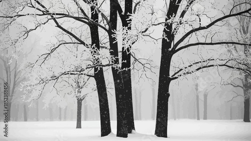 Serene Winter Forest with Snow-Covered Bare Trees on an Overcast Day, Black and White Landscape
