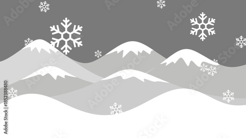 Abstract Snowy Mountain Landscape with Large Snowflakes Falling, Black and White Background