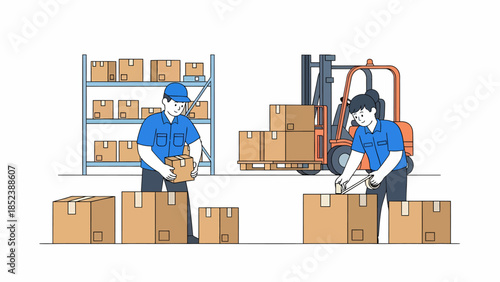 Industrial workers packing parcels in distribution center facility