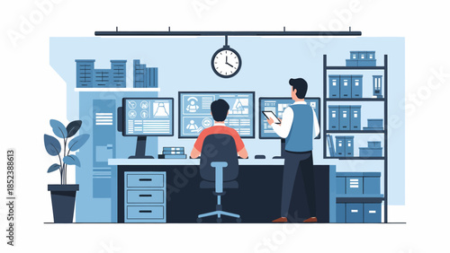 IT specialists monitoring corporate network and security systems