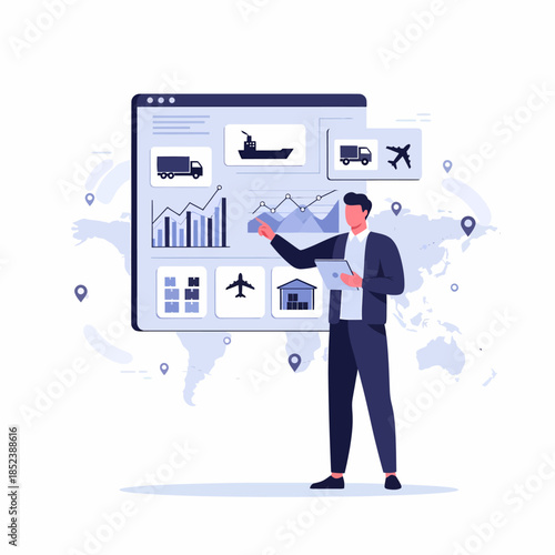 Supply chain manager presenting global logistics data on digital dashboard