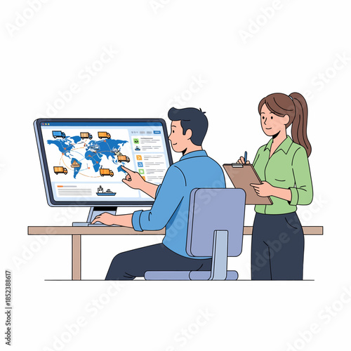 Business team analyzing international shipping routes and delivery status