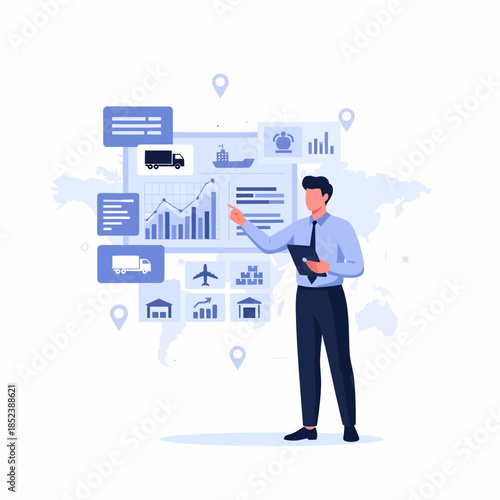Corporate executive analyzing worldwide logistics and transport statistics