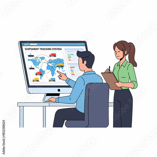 Logistics coordinators tracking global shipments on monitor