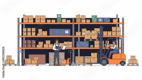 Warehouse team managing inventory with forklift and digital tablet