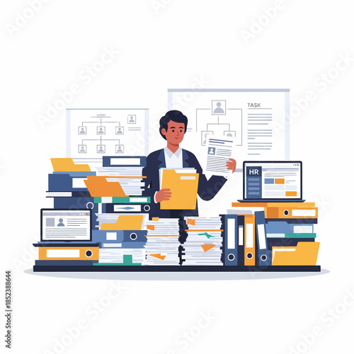 HR administrator overwhelmed with paper files and employee documents