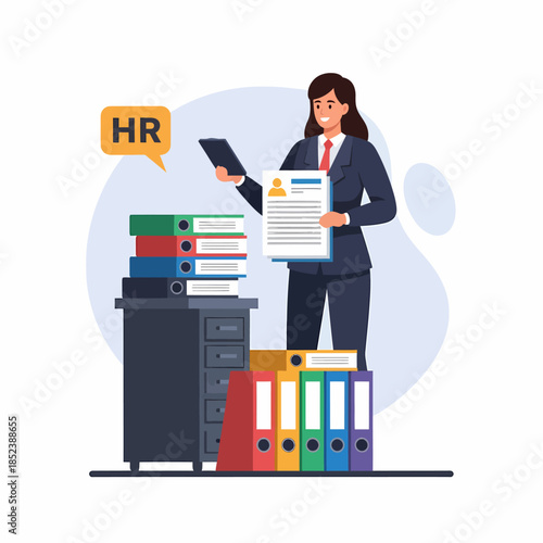 Professional woman reviewing candidate resume and hr documents