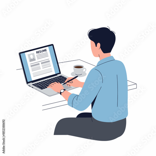 Businessman reviewing resume and digital profile on laptop