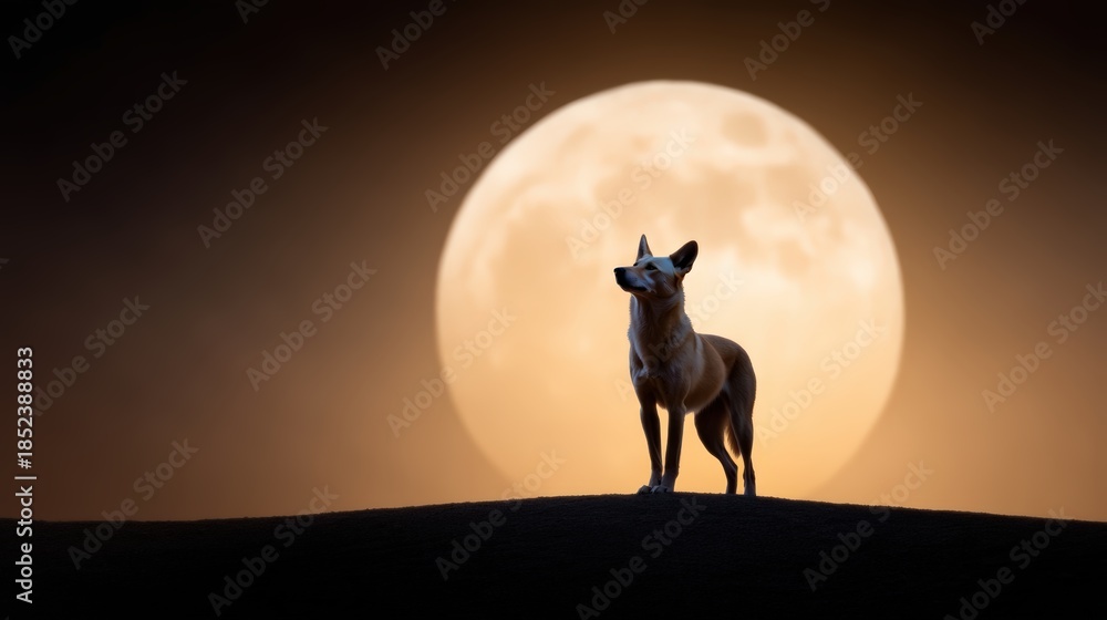 Fototapeta premium A silhouette of a fox stands on a hill against a large, glowing full moon, creating a dramatic and mystical atmosphere.
