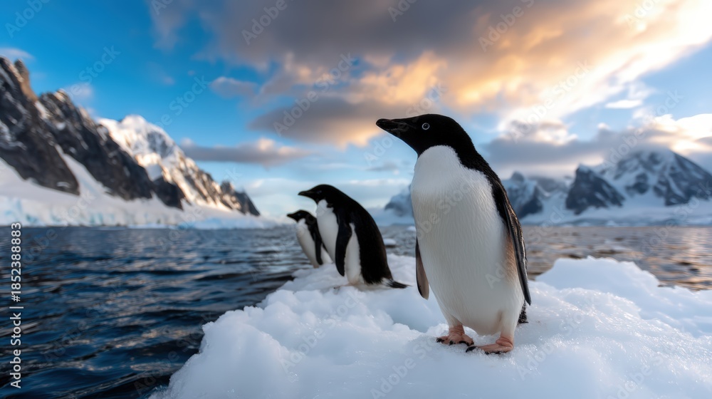 Obraz premium Three Adelie penguins stand on ice, surrounded by stunning mountains and a serene sea under a colorful sky, capturing a beautiful Arctic landscape.