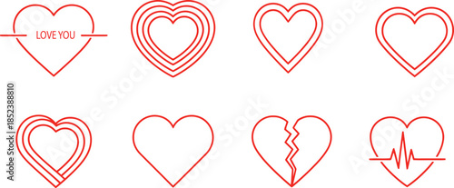 A diverse collection of red heart icons and symbols, featuring simple line art designs like concentric hearts, a broken heart, and a heartbeat line.