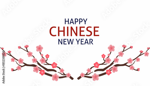 Happy Chinese New Year Greeting with Blooming Cherry Blossoms