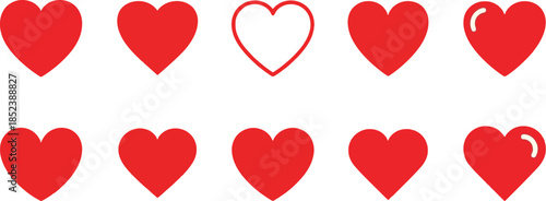 Ten red heart icons arranged in two rows on a white background, featuring different styles like solid, outline, and highlighted designs, ideal for love and romance.