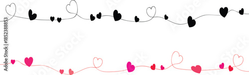 Hand-drawn heart borders in black and white and pink and red colors, featuring solid and outline hearts connected by wavy lines, perfect for romantic and celebratory themes like Valentine's Day.