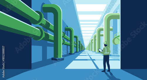 An engineer inspects a vast network of green pipelines within a modern industrial facility, ensuring efficient operation and maintenance of critical infrastructure.