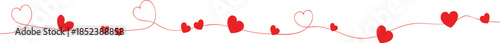 A simple, hand-drawn red heart string border on a clean white background, valentines day, featuring a mix of solid red hearts and delicate red outline hearts, romantic decorative element 