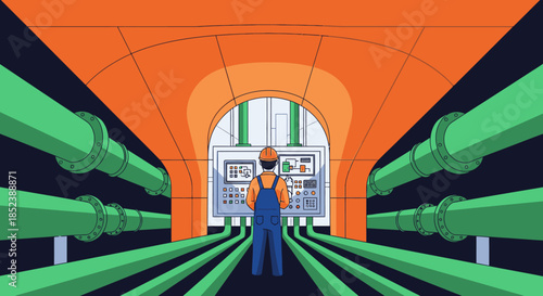 An industrial worker meticulously monitors complex control systems within a vast underground facility, ensuring efficient operation of numerous interconnected pipelines.