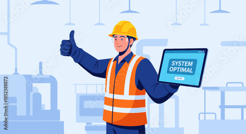 A confident male industrial worker in safety gear gives a thumbs-up, holding a tablet displaying 'System Optimal', symbolizing successful operation and maintenance.