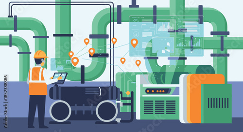 A skilled engineer monitors advanced robotic systems and interconnected industrial machinery within a modern, data-driven smart factory environment.