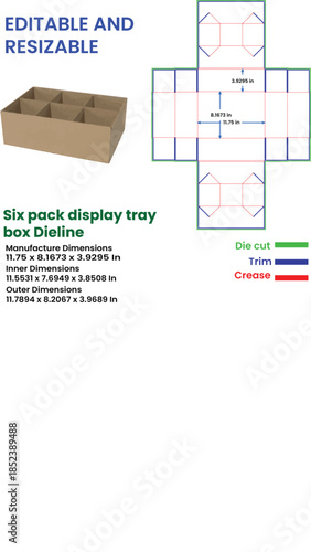 Six Pack Display Box Dieline With Dimensions And Manufacturing Instructions cardboard packaging
