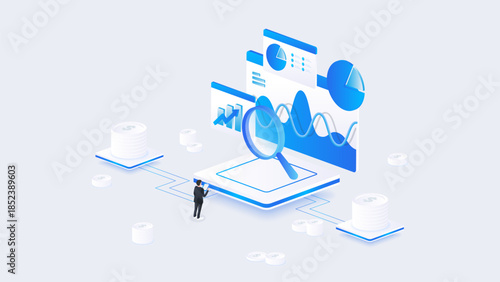 Stock market isometric of financial dashboard data analysis with charts, data search, and financial insight in blue digital style.
