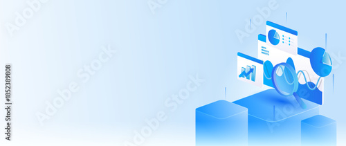 Isometric stock market data analysis with magnifying glass, business financial analytics dashboard, and stock market research concept web banner.