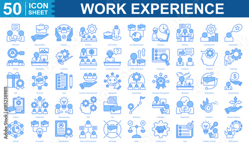 Work Experience blue style Icon Set Collection. Interview, responsibility, inclusion, briefing, job position and more. Illustration eps 10