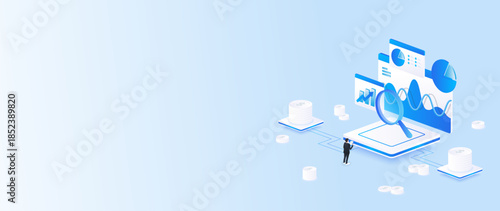 Isometric stock market data analysis with magnifying glass, businessman analytics dashboard, and stock market research concept web banner.