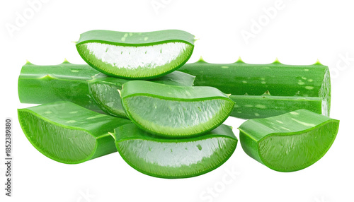 Wallpaper Mural Close-up of sliced, vibrant green succulent plant pieces, revealing a translucent, juicy inner gel against a black background Torontodigital.ca