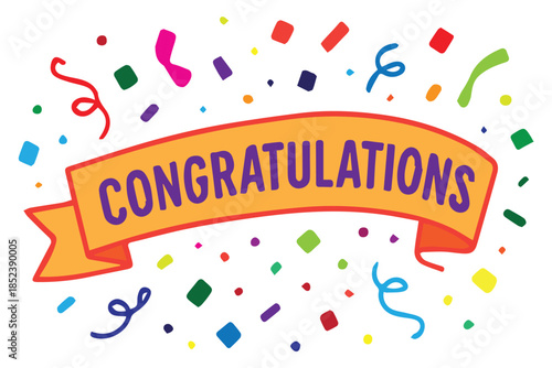 A festive vector displays the word “Congratulations” surrounded by colorful confetti, creating a joyful celebration mood that expresses success, happiness, achievement, and special memorable moments.