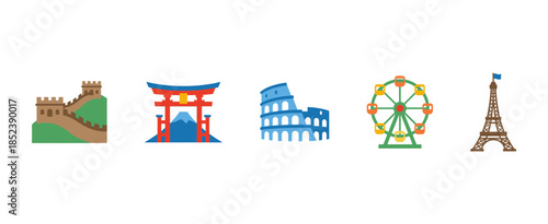 World Famous Landmarks Icons Set Including Great Wall Colosseum Eiffel Tower Ferris Wheel and Japanese Torii Gate for Travel