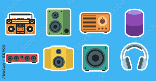 Variety of Professional Audio Speakers and Sound Systems Icons Including Radio Boombox and Smart Voice Assistant Design
