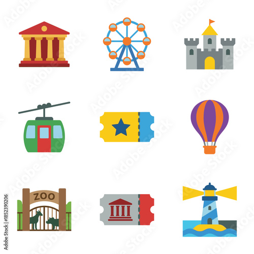 Amusement park and tourist attractions flat icons including ferris wheel zoo cable car museum castle ticket and lighthouse