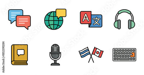 Professional language translation services and international communication line icons set with globe and speech bubbles