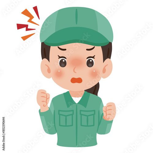 作業服を着て帽子を被った怒る女性　上半身イラスト／Angry woman wearing work clothes and a cap, upper body illustration