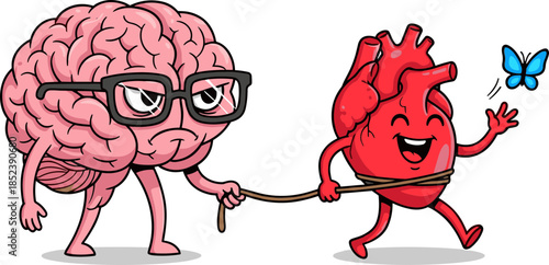 Cartoon Brain Controlling Heart Illustration Symbolizing Logic Emotion Conflict, Reason Versus Passion, Mind Versus Feelings, Impulse Control Metaphor for Psychology, Mental Health,