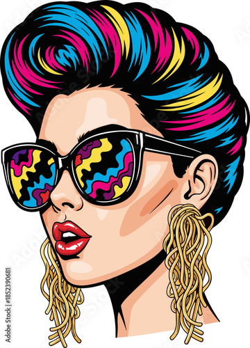 Expressive woman with colorful pompadour and psychedelic sunglasses, wearing spaghetti earrings, for 80s pop art designs, retro fashion blogs, music event posters, and creative projects.
