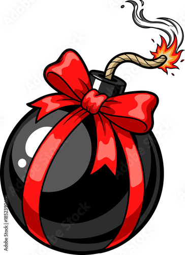 Cartoon Bomb with Lit Fuse and Red Bow, symbolizing an explosive gift, surprise danger, or impending problem for urgent deadline illustrations, critical situation graphics, and warning designs
