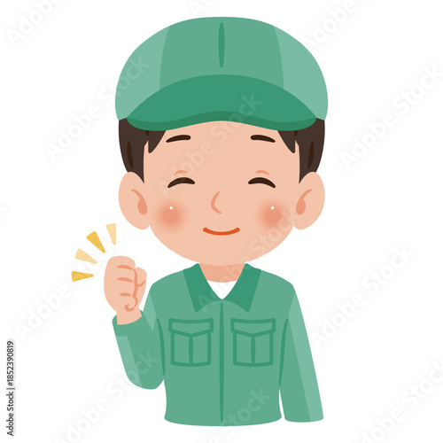 作業服を着て帽子を被った笑顔の男性　上半身イラスト／Smiling man wearing work clothes and a cap, upper body illustration