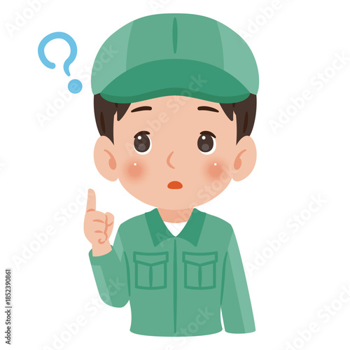 疑問を持つ作業服を着て帽子を被った男性　上半身イラスト／Man wearing work clothes and a cap with a questioning expression, upper body illustration