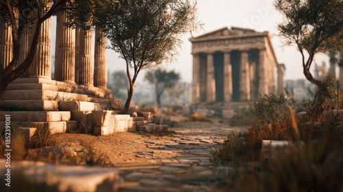 Ancient Greek Agora Marketplace Ruins. Blurred background