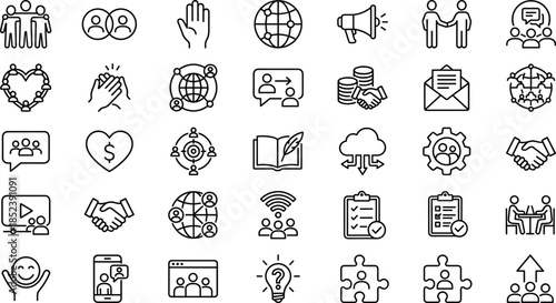 Social networking and teamwork icon set featuring community partnership global connection group collaboration leadership unity friendship cooperation support business relationship human resources and 