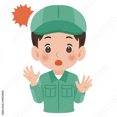 驚く作業服を着て帽子を被った男性　上半身イラスト／Surprised man wearing work clothes and a cap, upper body illustration