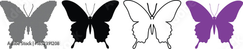 Four stylized butterfly graphics in dot, silhouette, outline, and purple fill, illustrating design variation and visual identity