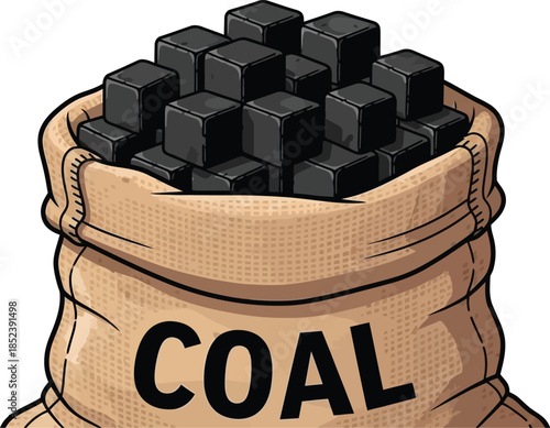 Sack of coal cubes in a burlap bag for industrial use