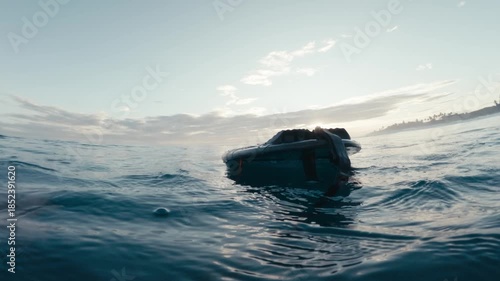 Black surfboard in ocean at sunrise. 