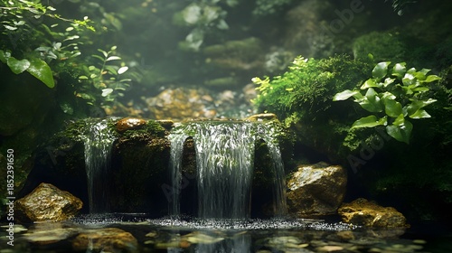 A small waterfall cascades over moss-covered rocks in a lush green forest. © Crafted
