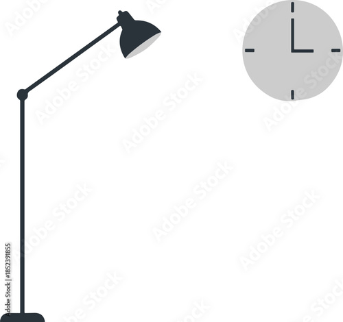 Modern minimalist vector illustration of a tall black adjustable floor lamp and a simple wall clock on a clean white background.